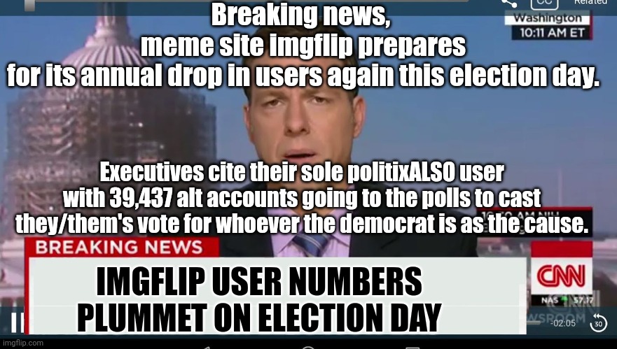 cnn breaking news template | Breaking news, 
meme site imgflip prepares for its annual drop in users again this election day. IMGFLIP USER NUMBERS PLUMMET ON ELECTION DA | image tagged in cnn breaking news template | made w/ Imgflip meme maker