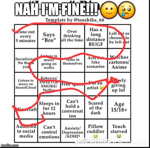 loser bingo | NAH I'M FINE!!! 🙂😢 | image tagged in loser bingo | made w/ Imgflip meme maker