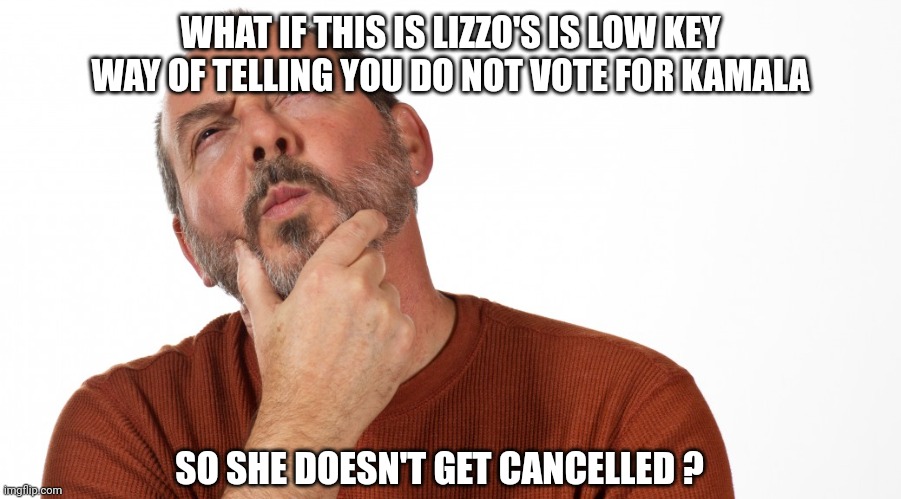 Hmmm | WHAT IF THIS IS LIZZO'S IS LOW KEY WAY OF TELLING YOU DO NOT VOTE FOR KAMALA SO SHE DOESN'T GET CANCELLED ? | image tagged in hmmm | made w/ Imgflip meme maker