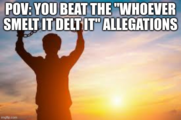 Second chance | POV: YOU BEAT THE "WHOEVER SMELT IT DELT IT" ALLEGATIONS | image tagged in second chance | made w/ Imgflip meme maker