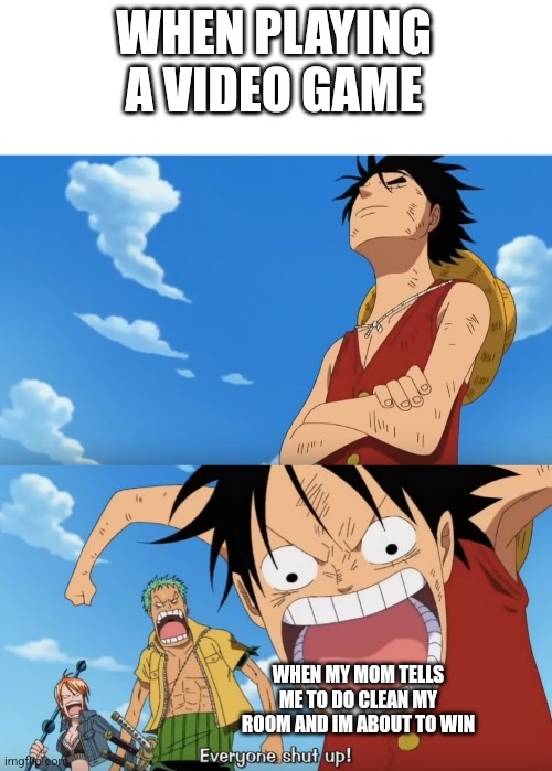 One Piece Luffy Calm Then Yelling | WHEN PLAYING A VIDEO GAME; WHEN MY MOM TELLS ME TO DO CLEAN MY ROOM AND IM ABOUT TO WIN | image tagged in one piece luffy calm then yelling | made w/ Imgflip meme maker