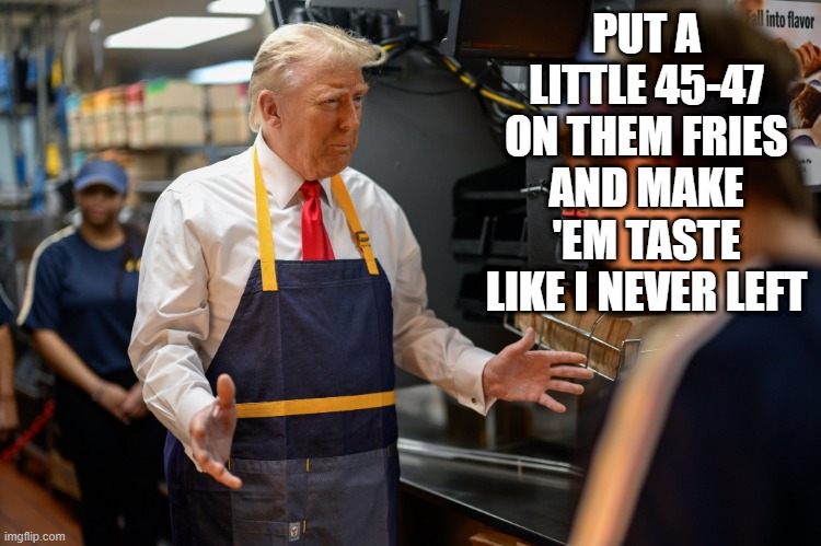 PUT A LITTLE 45-47 ON THEM FRIES AND MAKE 'EM TASTE LIKE I NEVER LEFT | image tagged in donald trump | made w/ Imgflip meme maker