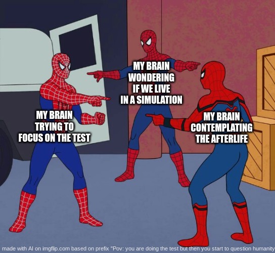 bro let me do the test | MY BRAIN WONDERING IF WE LIVE IN A SIMULATION; MY BRAIN TRYING TO FOCUS ON THE TEST; MY BRAIN CONTEMPLATING THE AFTERLIFE | image tagged in spider man triple | made w/ Imgflip meme maker