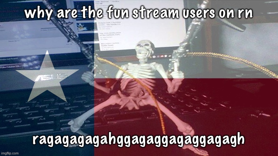 TEXAS RAAAAAAHHH | why are the fun stream users on rn; ragagagagahggagaggagaggagagh | image tagged in texas raaaaaahhh | made w/ Imgflip meme maker