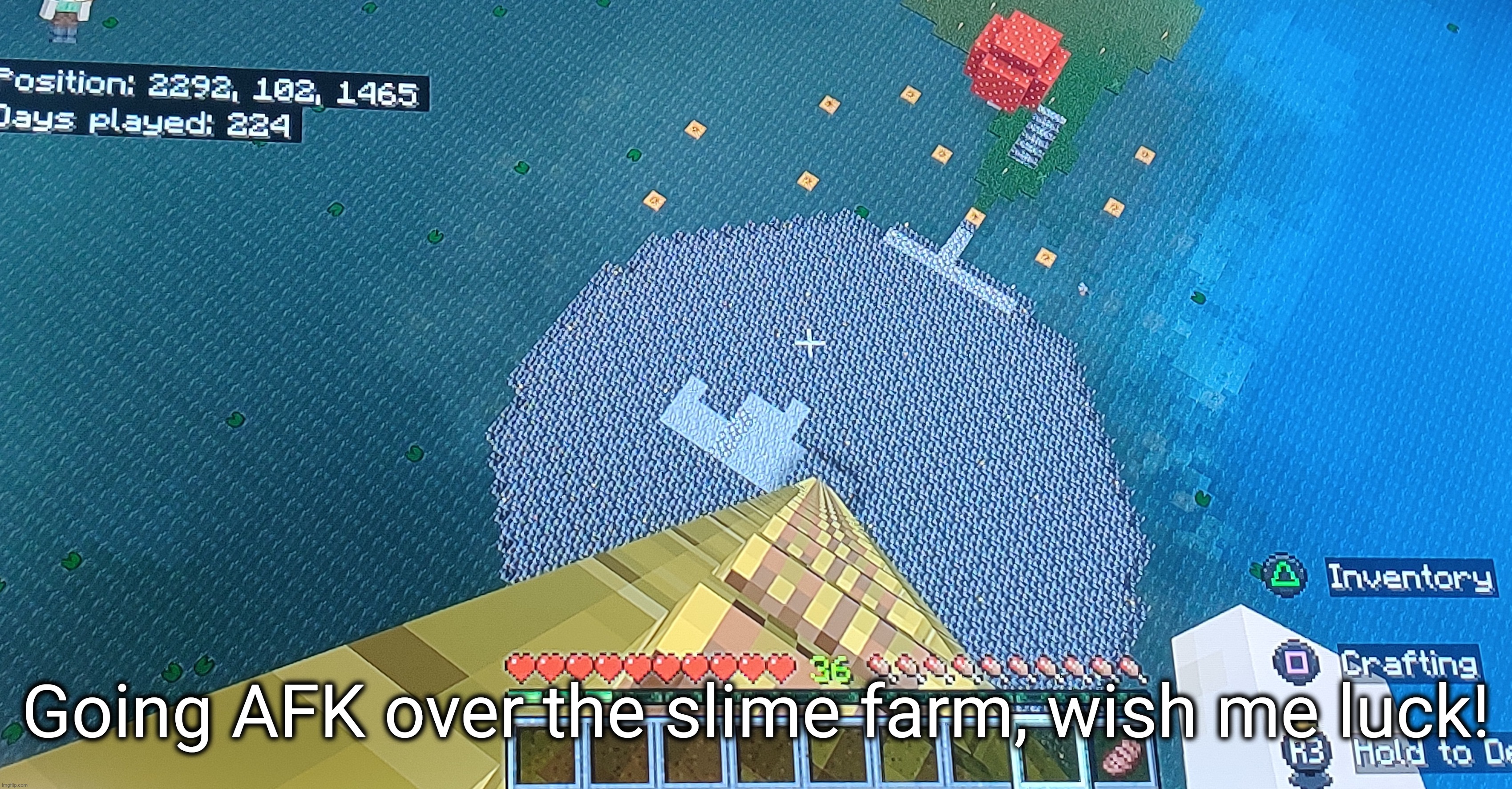 Hope this actually works | Going AFK over the slime farm, wish me luck! | made w/ Imgflip meme maker