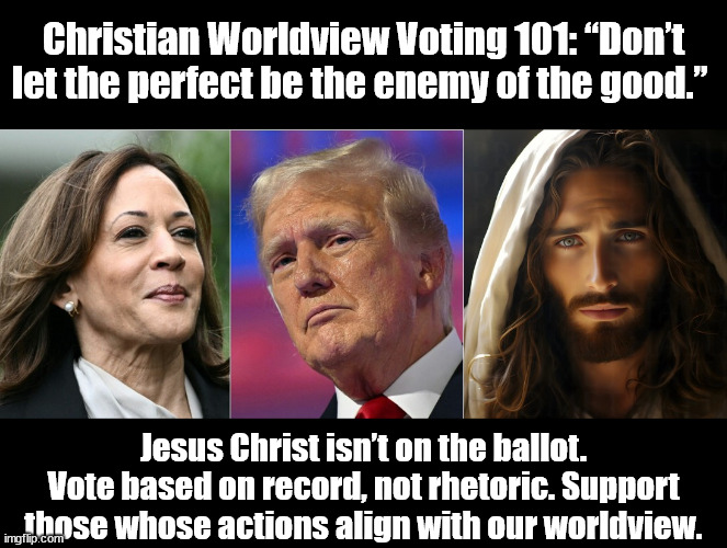 Not the Ballot | Christian Worldview Voting 101: “Don’t let the perfect be the enemy of the good.”; Jesus Christ isn’t on the ballot. Vote based on record, not rhetoric. Support those whose actions align with our worldview. | image tagged in jesus christ,god religion universe,donald trump,kamala harris | made w/ Imgflip meme maker