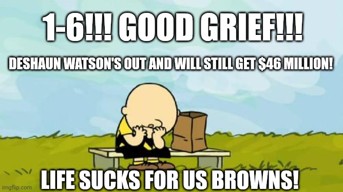 Charlie Brown Laments The Struggles Facing His Beloved Cleveland Browns | 1-6!!! GOOD GRIEF!!! DESHAUN WATSON'S OUT AND WILL STILL GET $46 MILLION! LIFE SUCKS FOR US BROWNS! | image tagged in depressed charlie brown,nfl memes,injury,contract,money down toilet,cleveland browns | made w/ Imgflip meme maker