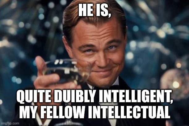 Leonardo Dicaprio Cheers Meme | HE IS, QUITE DUIBLY INTELLIGENT, MY FELLOW INTELLECTUAL | image tagged in memes,leonardo dicaprio cheers | made w/ Imgflip meme maker