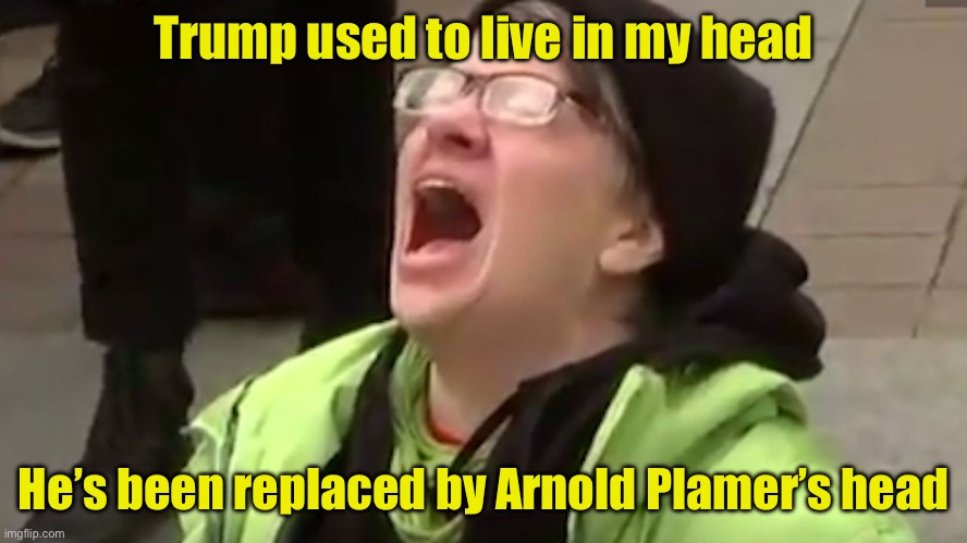 Liberals head space | Trump used to live in my head; He’s been replaced by Arnold Palmer’s head | image tagged in screaming liberal | made w/ Imgflip meme maker