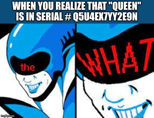 the WHAT!? Deltarune Queen Version | WHEN YOU REALIZE THAT "QUEEN" IS IN SERIAL # Q5U4EX7YY2E9N | image tagged in queen the w h a t,deltarune,undertale,queen | made w/ Imgflip meme maker