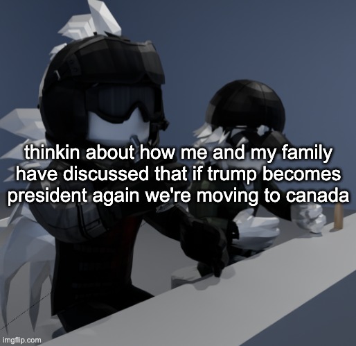 i fucking hate election years ngl | thinkin about how me and my family have discussed that if trump becomes president again we're moving to canada | image tagged in template | made w/ Imgflip meme maker