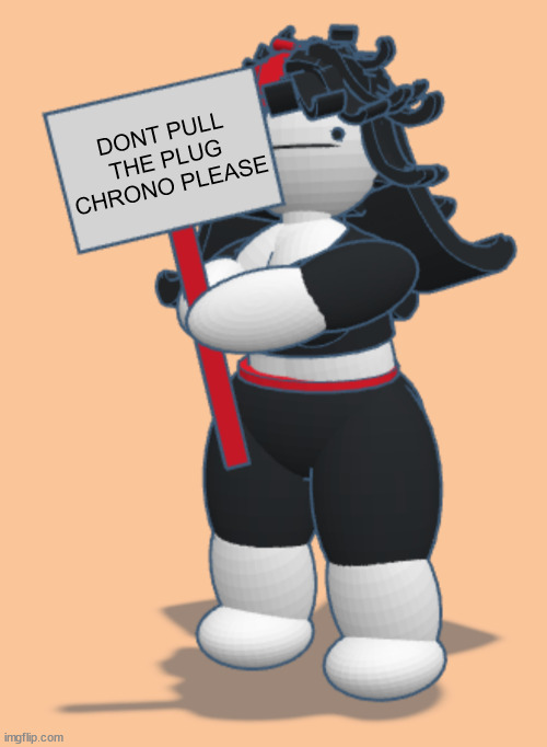 Claire with sign | DONT PULL THE PLUG CHRONO PLEASE | image tagged in claire with sign | made w/ Imgflip meme maker