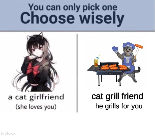 Choose wisely | cat grill friend; he grills for you | image tagged in choose wisely | made w/ Imgflip meme maker