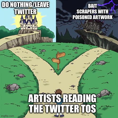 Ok | DO NOTHING/LEAVE TWITTER; BAIT SCRAPERS WITH POISONED ARTWORK; ARTISTS READING THE TWITTER TOS | image tagged in two castles | made w/ Imgflip meme maker