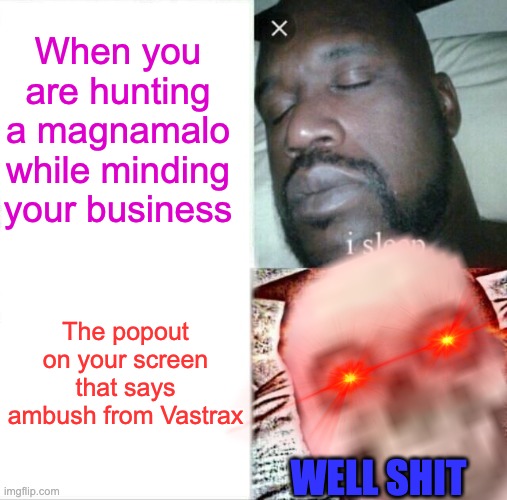 If you know this feeling, I feel your pain | When you are hunting a magnamalo while minding your business; The popout on your screen that says ambush from Vastrax; WELL SHIT | image tagged in memes,sleeping shaq | made w/ Imgflip meme maker