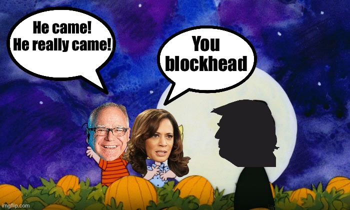 It’s the Great Pumpkin, Timmy Walz | He came!
He really came! You blockhead | image tagged in funny memes,great pumpkin | made w/ Imgflip meme maker