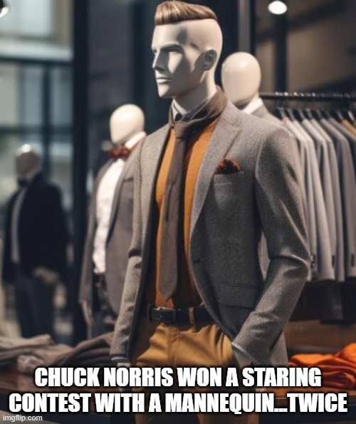 CHUCK NORRIS STARING CONTEST | CHUCK NORRIS WON A STARING CONTEST WITH A MANNEQUIN...TWICE | image tagged in chuck norris,memes,funny memes,chuck norris approves | made w/ Imgflip meme maker