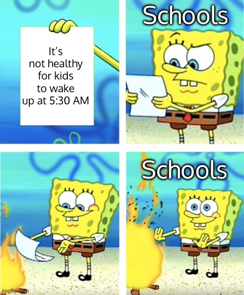 This is true | Schools; It’s not healthy for kids to wake up at 5:30 AM; Schools | image tagged in spongebob burning paper | made w/ Imgflip meme maker