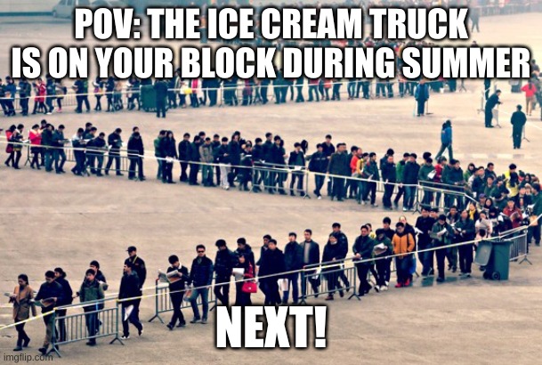 Ice cream truck line be like in summer | POV: THE ICE CREAM TRUCK IS ON YOUR BLOCK DURING SUMMER; NEXT! | image tagged in line of people | made w/ Imgflip meme maker