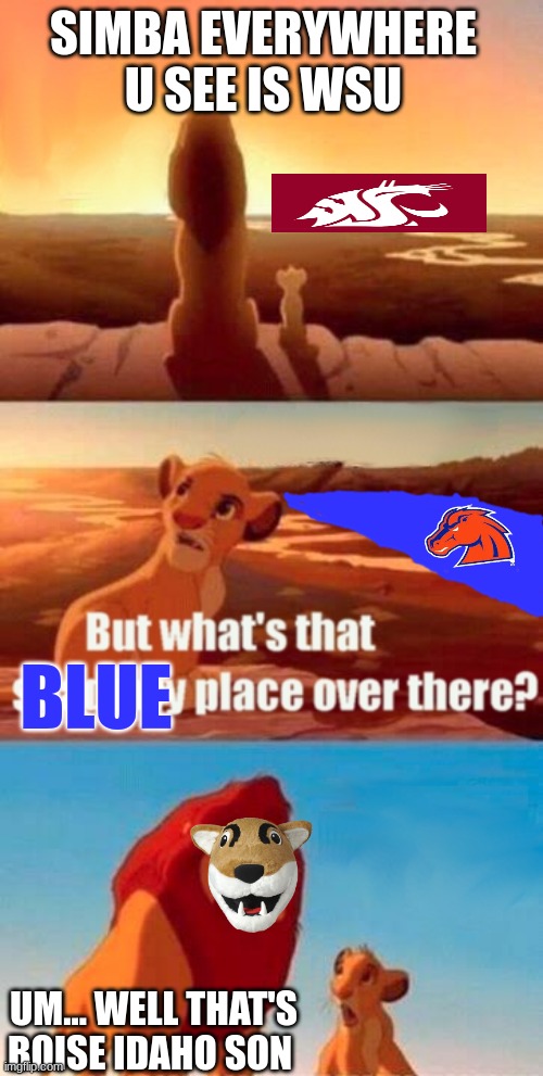 Washington State vs Boise State meme | SIMBA EVERYWHERE U SEE IS WSU; BLUE; UM... WELL THAT'S BOISE IDAHO SON | image tagged in memes,simba shadowy place,idaho,hahaha,college football,yes | made w/ Imgflip meme maker