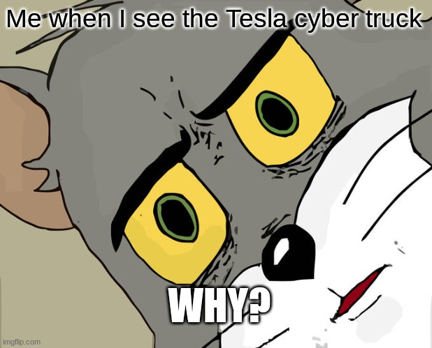 bruh | Me when I see the Tesla cyber truck; WHY? | image tagged in memes,unsettled tom | made w/ Imgflip meme maker