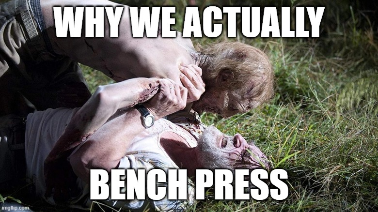 WHY WE ACTUALLY; BENCH PRESS | image tagged in zombies,bench press,strength training,fitness | made w/ Imgflip meme maker