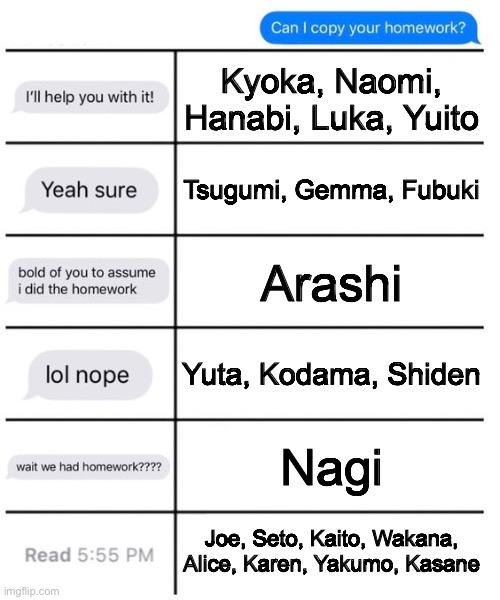 My rendition (did I use that right) for the scarlet nexus characters in this situation | Kyoka, Naomi, Hanabi, Luka, Yuito; Tsugumi, Gemma, Fubuki; Arashi; Yuta, Kodama, Shiden; Nagi; Joe, Seto, Kaito, Wakana, Alice, Karen, Yakumo, Kasane | image tagged in can i copy your homework | made w/ Imgflip meme maker