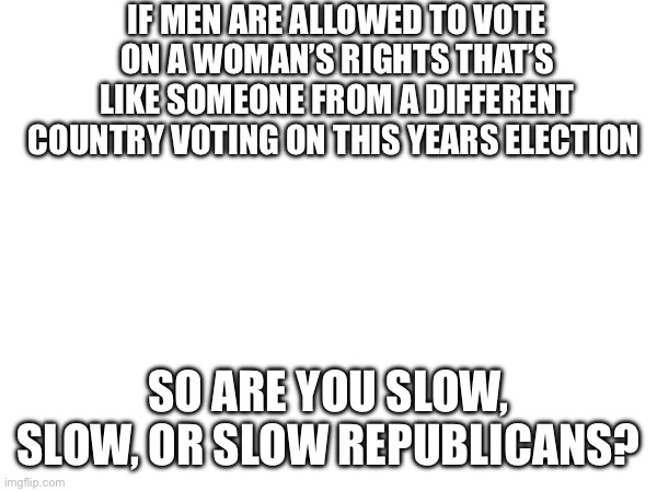 IF MEN ARE ALLOWED TO VOTE ON A WOMAN’S RIGHTS THAT’S LIKE SOMEONE FROM A DIFFERENT COUNTRY VOTING ON THIS YEARS ELECTION; SO ARE YOU SLOW, SLOW, OR SLOW REPUBLICANS? | made w/ Imgflip meme maker