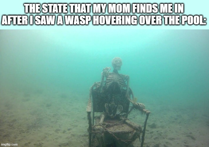 lol idk | THE STATE THAT MY MOM FINDS ME IN AFTER I SAW A WASP HOVERING OVER THE POOL: | image tagged in skeleton under water,funny,waiting skeleton,oh wow are you actually reading these tags,underwater,chair | made w/ Imgflip meme maker