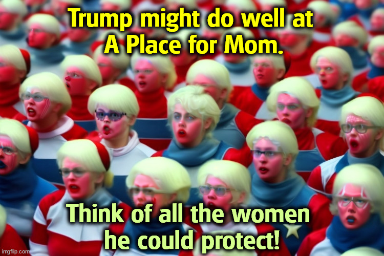 Trump might do well at 
A Place for Mom. Think of all the women 
he could protect! | image tagged in trump,retirement,home,women,protect | made w/ Imgflip meme maker