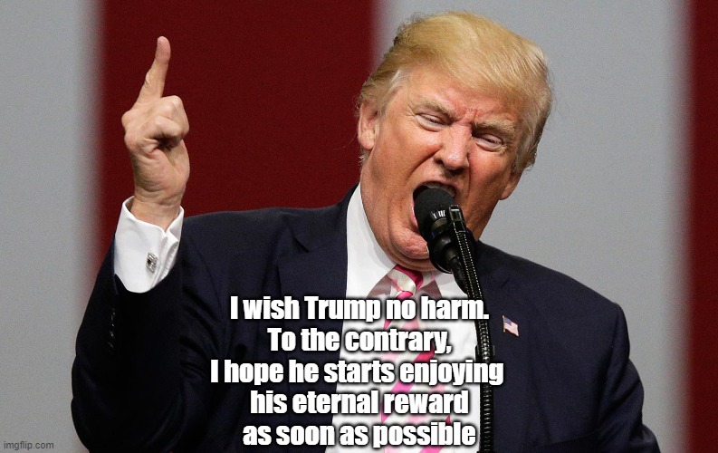 I Wish Trump No Harm | I wish Trump no harm.
To the contrary,
I hope he starts enjoying 
his eternal reward
as soon as possible | image tagged in trump,eternal reward,i wish trump no harm | made w/ Imgflip meme maker