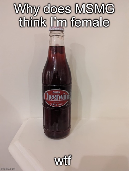 I’m cis male | Why does MSMG think I’m female; wtf | image tagged in cheerwine | made w/ Imgflip meme maker