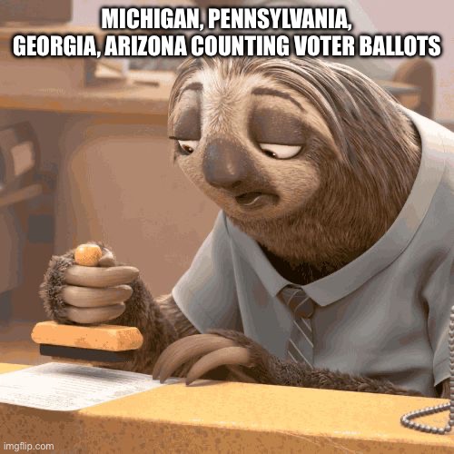 Slowpez | MICHIGAN, PENNSYLVANIA, GEORGIA, ARIZONA COUNTING VOTER BALLOTS | image tagged in slow sloth | made w/ Imgflip meme maker