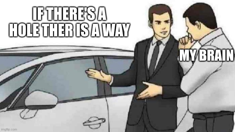 hehe | IF THERE'S A HOLE THER IS A WAY; MY BRAIN | image tagged in memes,car salesman slaps roof of car | made w/ Imgflip meme maker