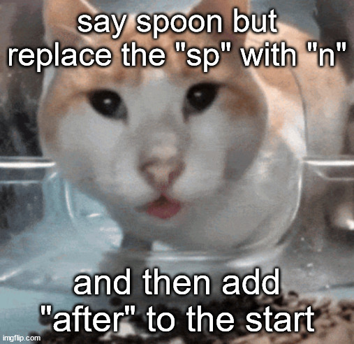 Mr Shock stare | say spoon but replace the "sp" with "n"; and then add "after" to the start | image tagged in mr shock stare | made w/ Imgflip meme maker