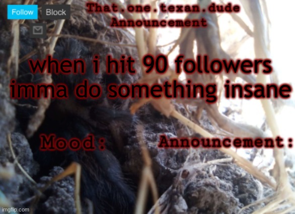 THE that.one.texan.dude announcement template | when i hit 90 followers imma do something insane | image tagged in the that one texan dude announcement template | made w/ Imgflip meme maker