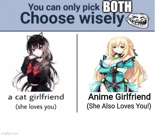 No! Just No! | BOTH; Anime Girlfriend; (She Also Loves You!) | image tagged in choose wisely | made w/ Imgflip meme maker