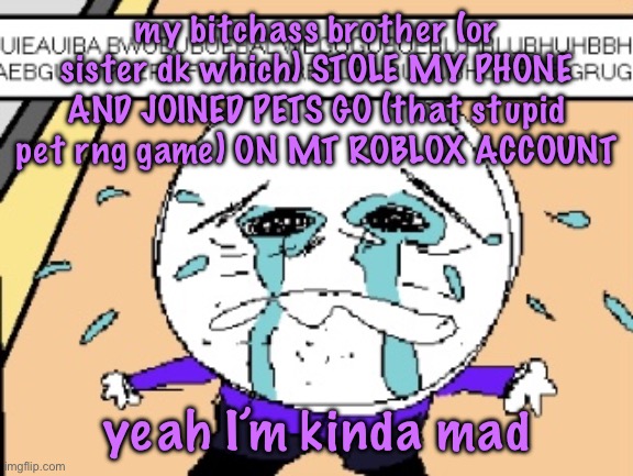 Protagonist crying | my bitchass brother (or sister dk which) STOLE MY PHONE AND JOINED PETS GO (that stupid pet rng game) ON MT ROBLOX ACCOUNT; yeah I’m kinda mad | image tagged in protagonist crying | made w/ Imgflip meme maker