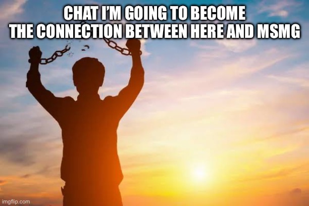 Breaking Free | CHAT I’M GOING TO BECOME THE CONNECTION BETWEEN HERE AND MSMG | image tagged in breaking free | made w/ Imgflip meme maker