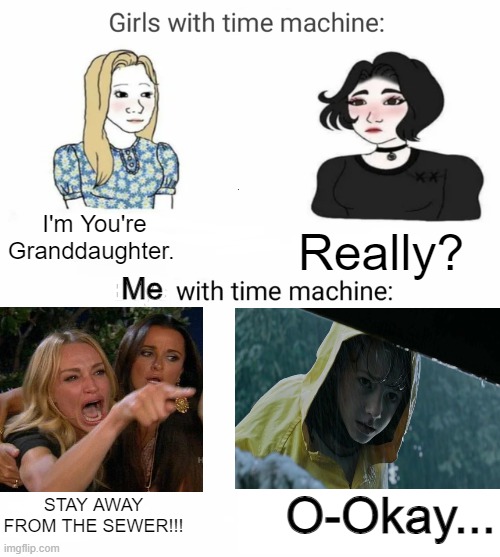 Don't Lie You'll Probably Do It Too, If You Watched The Movie. | I'm You're Granddaughter. Really? Me; Boys; O-Okay... STAY AWAY FROM THE SEWER!!! | image tagged in time machine | made w/ Imgflip meme maker