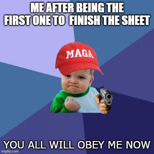 Success Kid | ME AFTER BEING THE FIRST ONE TO  FINISH THE SHEET; YOU ALL WILL OBEY ME NOW | image tagged in memes,success kid | made w/ Imgflip meme maker