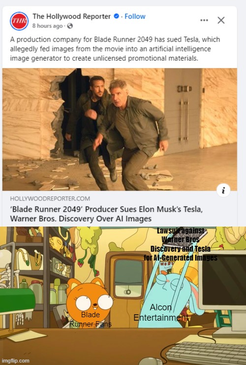 Lawsuit against Warner Bros Discovery and Tesla for AI-Generated Images; Alcon Entertainment; Blade Runner Fans | image tagged in blade runner,lawsuit,warner bros discovery,tesla,meme,kiff | made w/ Imgflip meme maker