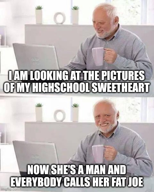 Can't believe this happened | I AM LOOKING AT THE PICTURES OF MY HIGHSCHOOL SWEETHEART; NOW SHE'S A MAN AND EVERYBODY CALLS HER FAT JOE | image tagged in memes,hide the pain harold | made w/ Imgflip meme maker