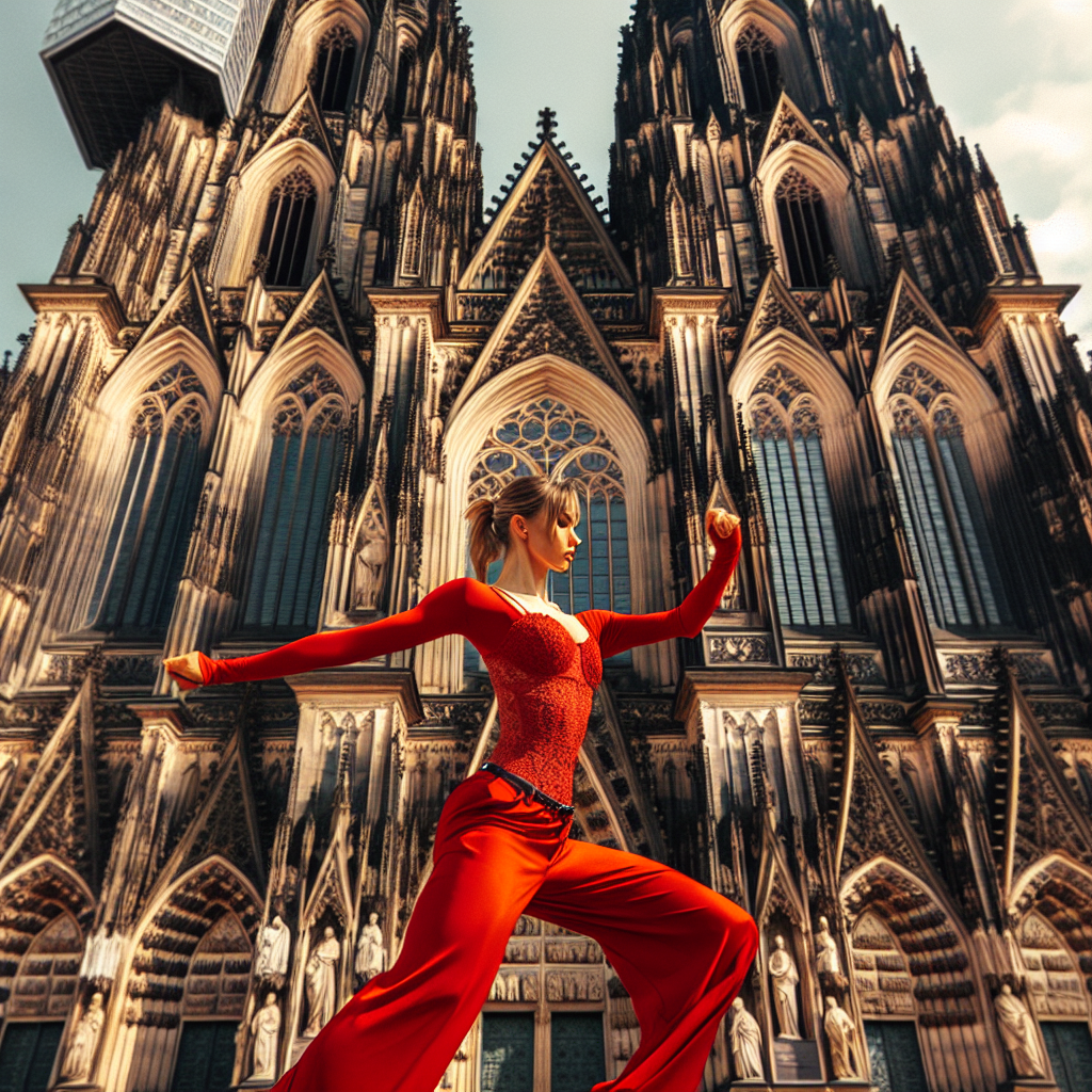 Dancer in red dress in front of cologne dome Blank Meme Template