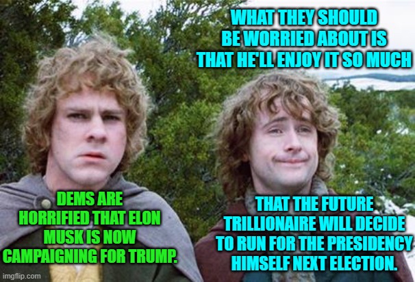 Be afraid Dems . . . be very afraid. | WHAT THEY SHOULD BE WORRIED ABOUT IS THAT HE'LL ENJOY IT SO MUCH; DEMS ARE HORRIFIED THAT ELON MUSK IS NOW CAMPAIGNING FOR TRUMP. THAT THE FUTURE TRILLIONAIRE WILL DECIDE TO RUN FOR THE PRESIDENCY HIMSELF NEXT ELECTION. | image tagged in yep | made w/ Imgflip meme maker