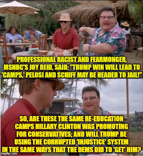 I'm curious.  Are you curious? | PROFESSIONAL RACIST AND FEARMONGER, MSNBC'S JOY REID, SAID: "TRUMP WIN WILL LEAD TO 'CAMPS,' PELOSI AND SCHIFF MAY BE HEADED TO JAIL!"; SO, ARE THESE THE SAME RE-EDUCATION CAMPS HILLARY CLINTON WAS PROMOTING FOR CONSERVATIVES; AND WILL TRUMP BE USING THE CORRUPTED 'INJUSTICE' SYSTEM IN THE SAME WAYS THAT THE DEMS DID TO 'GET' HIM? | image tagged in yep | made w/ Imgflip meme maker