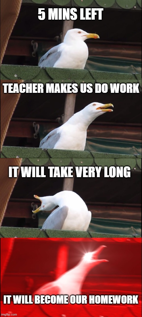 Inhaling Seagull | 5 MINS LEFT; TEACHER MAKES US DO WORK; IT WILL TAKE VERY LONG; IT WILL BECOME OUR HOMEWORK | image tagged in memes,inhaling seagull | made w/ Imgflip meme maker