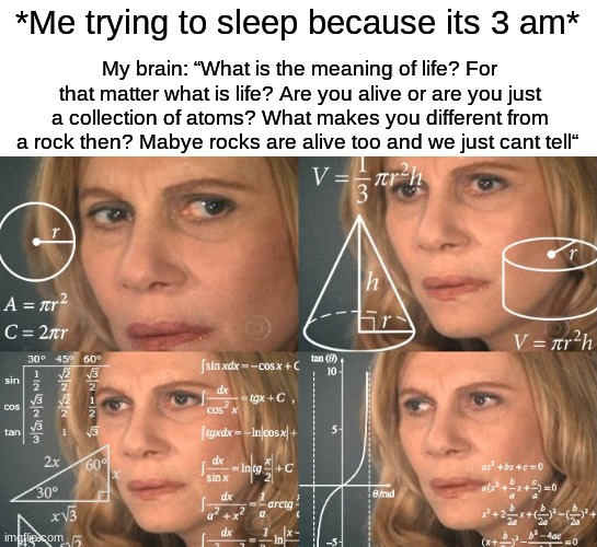 Am i crazy or crazy smart? (Its def the first one yall) | *Me trying to sleep because its 3 am*; My brain: “What is the meaning of life? For that matter what is life? Are you alive or are you just a collection of atoms? What makes you different from a rock then? Mabye rocks are alive too and we just cant tell“ | image tagged in calculating meme | made w/ Imgflip meme maker