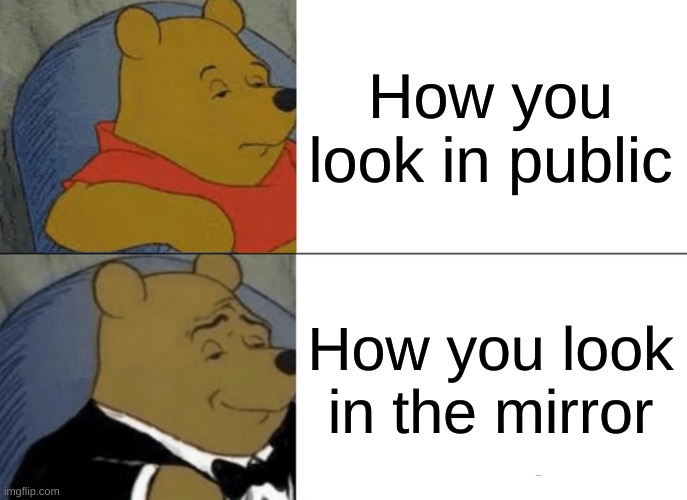 Out with friends | How you look in public; How you look in the mirror | image tagged in memes,tuxedo winnie the pooh | made w/ Imgflip meme maker