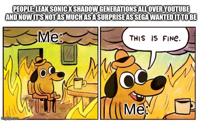 I don't watch YouTube. I'm the ultimate lifeform. | PEOPLE: LEAK SONIC X SHADOW GENERATIONS ALL OVER YOUTUBE AND NOW IT'S NOT AS MUCH AS A SURPRISE AS SEGA WANTED IT TO BE; Me:; Me: | image tagged in memes,this is fine,youtube,leaks,sonic the hedgehog,video games | made w/ Imgflip meme maker